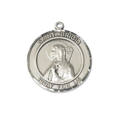 Medium Women's Pewter Saint St. Brigid of Ireland Medal Pendant on 18 Inch Rhodium Plated Lite Curb Brass Chain w/ Lobster Claw clasp, Catholic Religious Necklace - Made in USA - Deluxe Velvet Gift Box