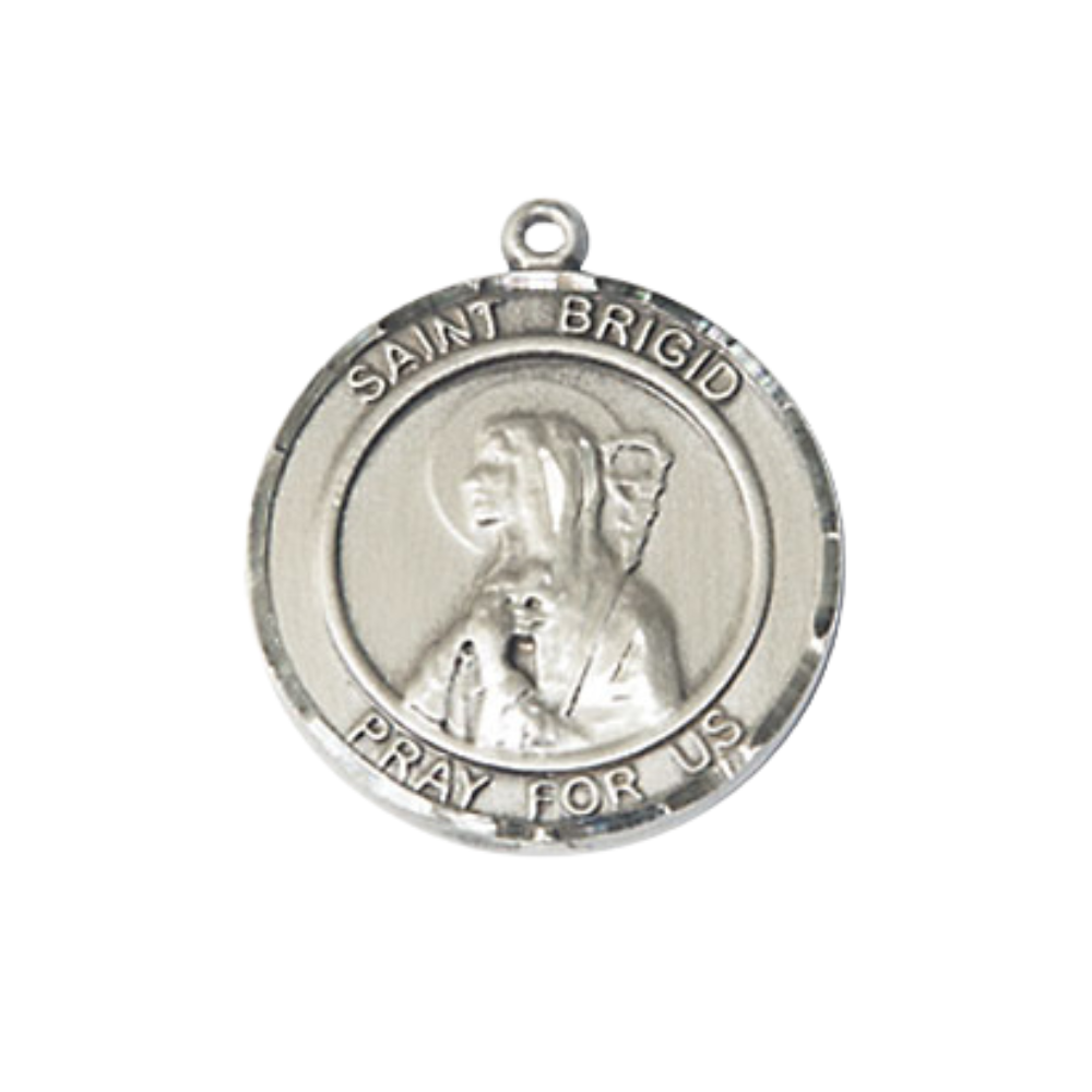 Medium Women's .925 Sterling Silver Saint St. Brigid of Ireland Pendant Necklace on 18 Inch Rhodium- Plated Lite Curb Brass Chain with Lobster Claw Clasp, Catholic Medal - Patron Saint. of the Young & Ireland – Velvet Gift Box