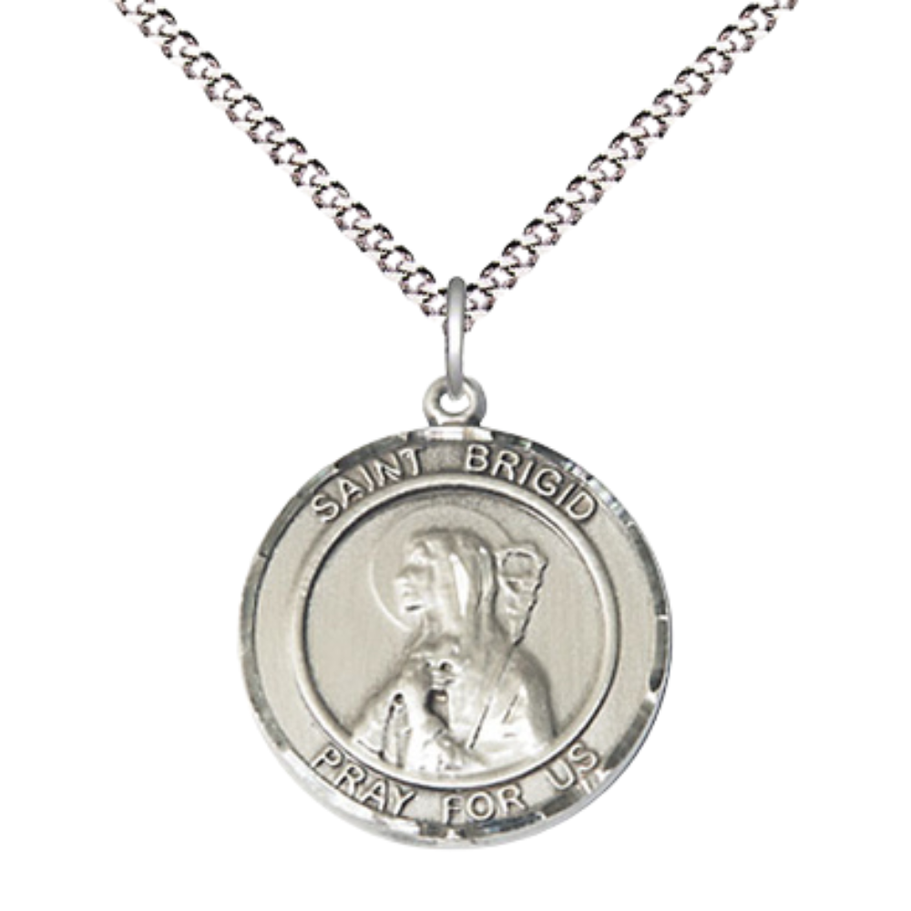 Medium Women's .925 Sterling Silver Saint St. Brigid of Ireland Pendant Necklace on 18 Inch Rhodium- Plated Lite Curb Brass Chain with Lobster Claw Clasp, Catholic Medal - Patron Saint. of the Young & Ireland – Velvet Gift Box