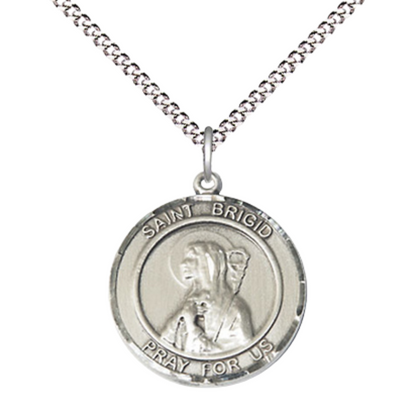 Medium Women's .925 Sterling Silver Saint St. Brigid of Ireland Pendant Necklace on 18 Inch Rhodium- Plated Lite Curb Brass Chain with Lobster Claw Clasp, Catholic Medal - Patron Saint. of the Young & Ireland – Velvet Gift Box
