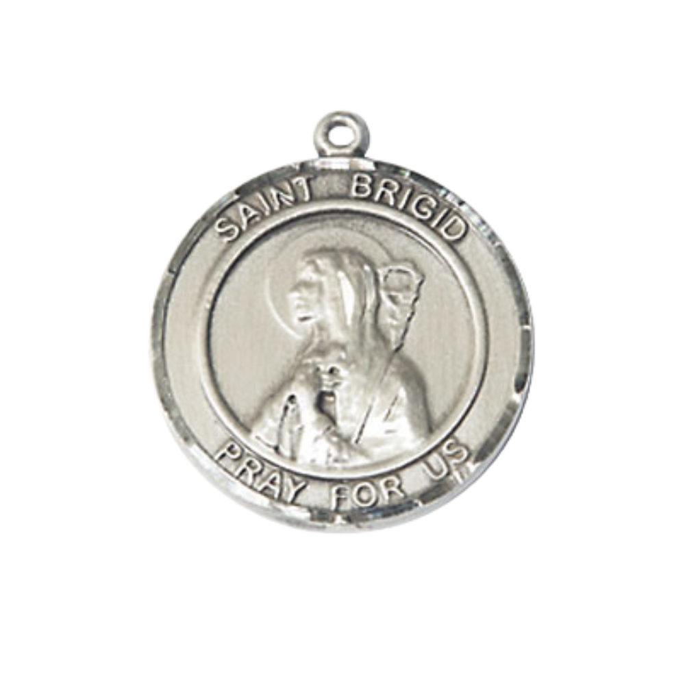 Everlasting Light Jewelry Medium Men's Pewter Saint Brigid of Ireland Medal Pendant on 24 Inch Endless Rhodium Plated Heavy Curb Brass Chain, Catholic Religious Necklace -Made in USA- Deluxe Velvet Gift Box