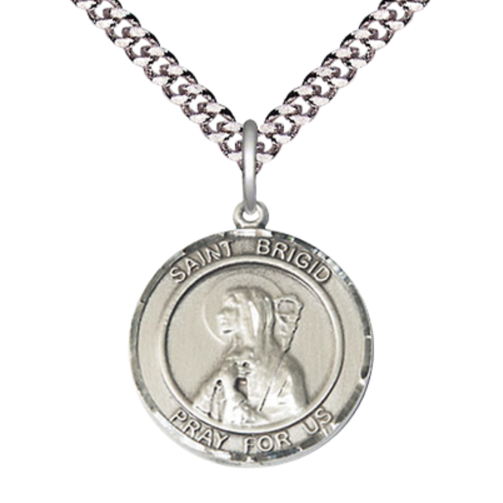 Everlasting Light Jewelry Medium Men's Pewter Saint Brigid of Ireland Medal Pendant on 24 Inch Endless Rhodium Plated Heavy Curb Brass Chain, Catholic Religious Necklace -Made in USA- Deluxe Velvet Gift Box
