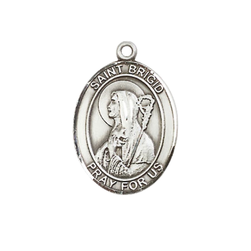 Medium Women's Pewter Saint St. Brigid of Ireland Pendant Necklace on 18- inch Rhodium- Plated Lite Curb Brass Chain – Patron Saint St. of Ireland – Christian Medal, Catholic Medal – Velvet Gift Box Included