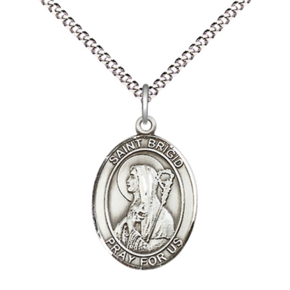 Everlasting Light Jewelry Medium Women's .925 Sterling Silver Saint St. Brigid of Ireland Pendant Necklace on 18 Inch Rhodium Plated Lite Curb Brass Chain – Patron Saint St. of Infants/Ireland, Catholic Medal – Velvet Gift Box Included