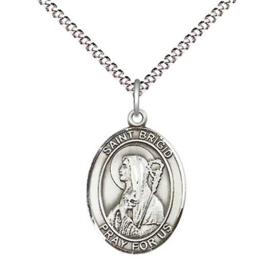 Everlasting Light Jewelry Medium Women's .925 Sterling Silver Saint St. Brigid of Ireland Pendant Necklace on 18 Inch Rhodium Plated Lite Curb Brass Chain – Patron Saint St. of Infants/Ireland, Catholic Medal – Velvet Gift Box Included