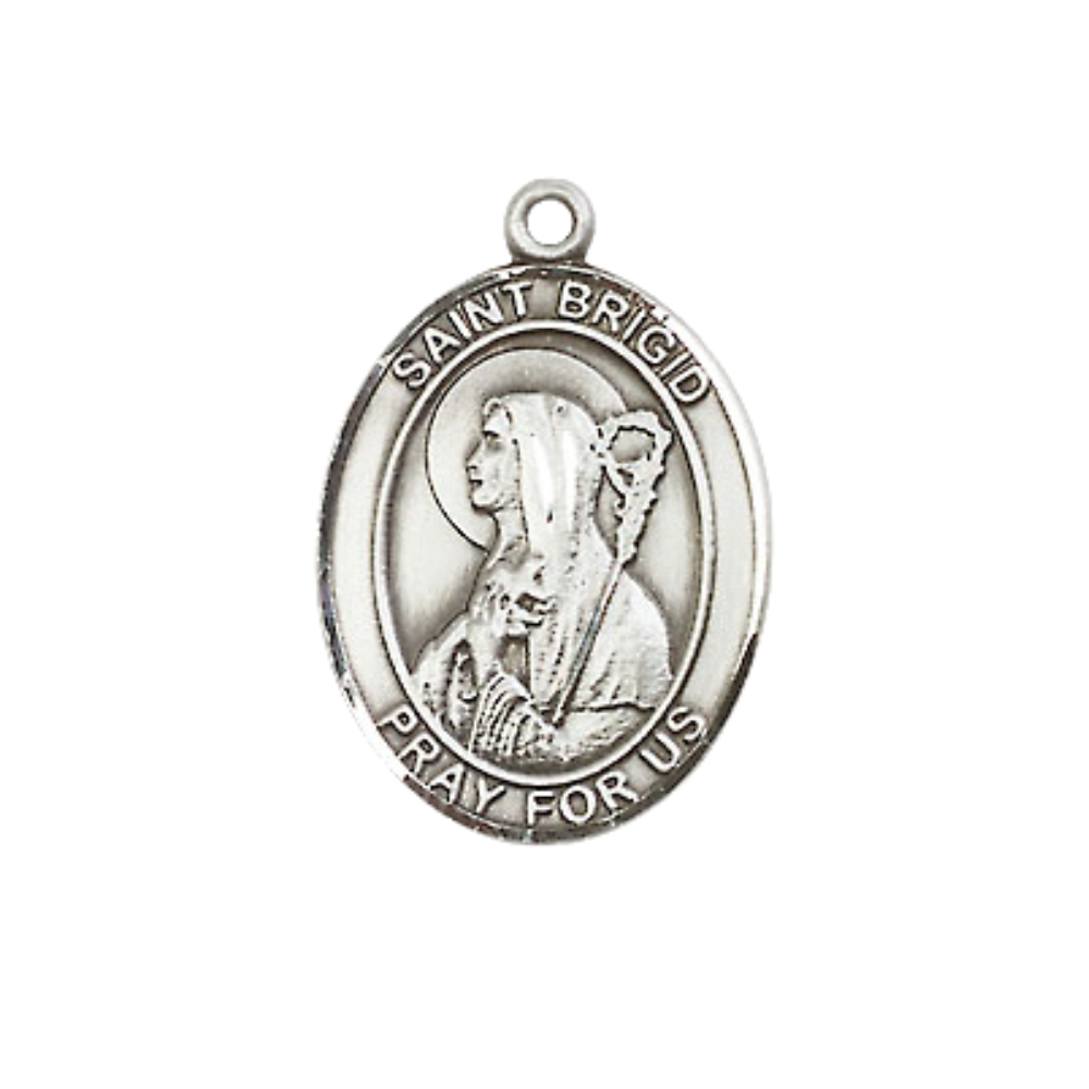 Mens Medium Oval Pewter Saint St. Brigid of Ireland Medal Pendant on 24 Inch Rhodium Plated Heavy Curb Brass Chain w/ Lobster Claw Clasp, Catholic Religious Necklace - Made in USA- Velvet Gift Box
