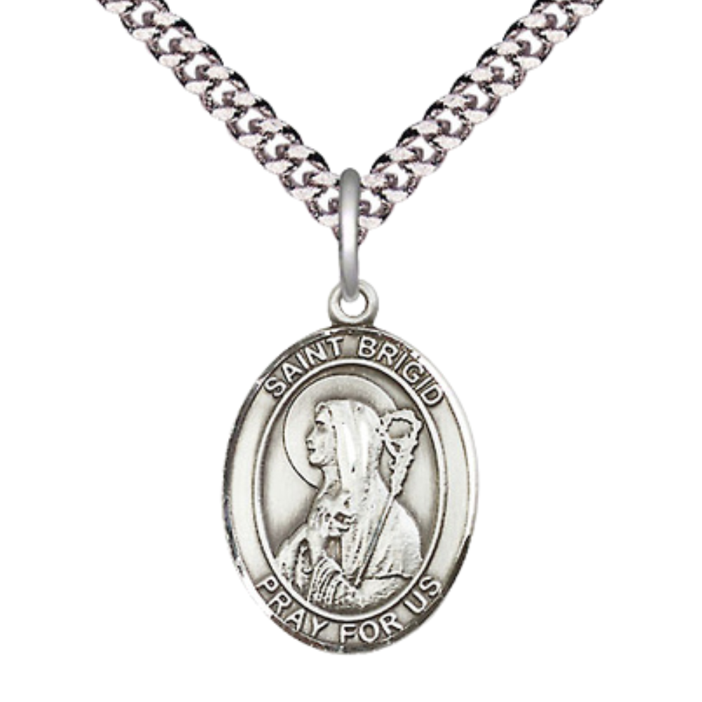 Mens Oval Sterling Silver Saint Brigid of Ireland Medal Pendant on 24" Rhodium Plated Heavy Curb Brass Chain w/ Lobster Claw Clasp, Catholic Religious Necklace -Made in USA-Velvet Gift Box