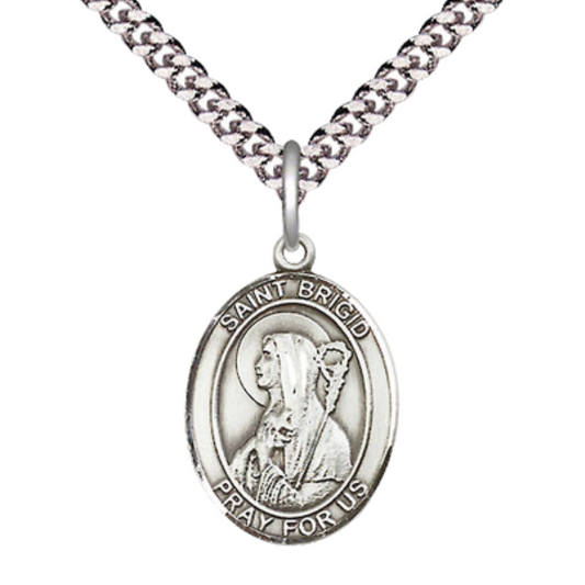 Everlasting Light Jewelry Pewter Saint St. Brigid of Ireland Medal Pendant on 24 Inch Endless Rhodium Plated Heavy Curb Brass Chain, Catholic Religious Necklace - Made in USA- Deluxe Velvet Gift Box