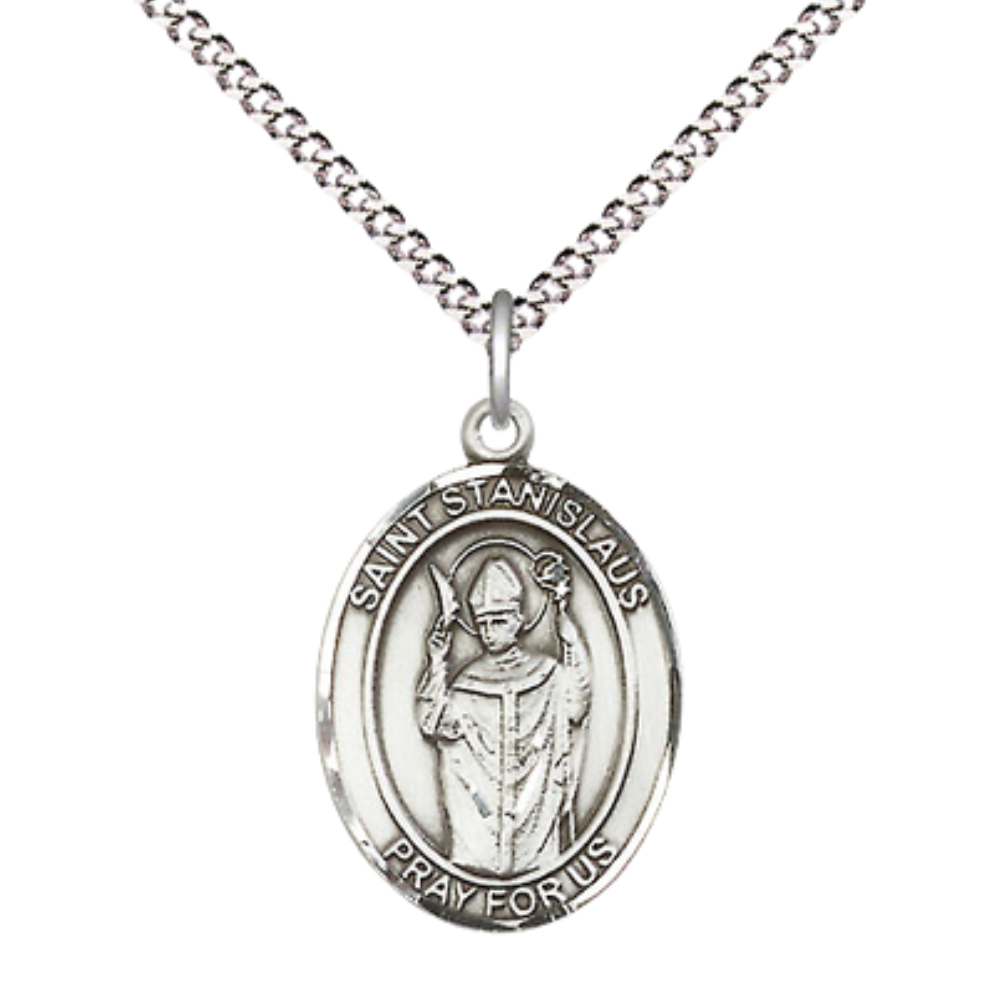 Everlasting Light Jewelry Medium Women's .925 Sterling Silver Saint St. anislaus Pendant Necklace on 18 Inch Rhodium Plated Lite Curb Brass Chain – Patron Saint St. of Broken Bones, Catholic Medal – Velvet Gift Box Included