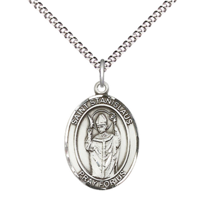 Everlasting Light Jewelry Medium Women's .925 Sterling Silver Saint St. anislaus Pendant Necklace on 18 Inch Rhodium Plated Lite Curb Brass Chain – Patron Saint St. of Broken Bones, Catholic Medal – Velvet Gift Box Included