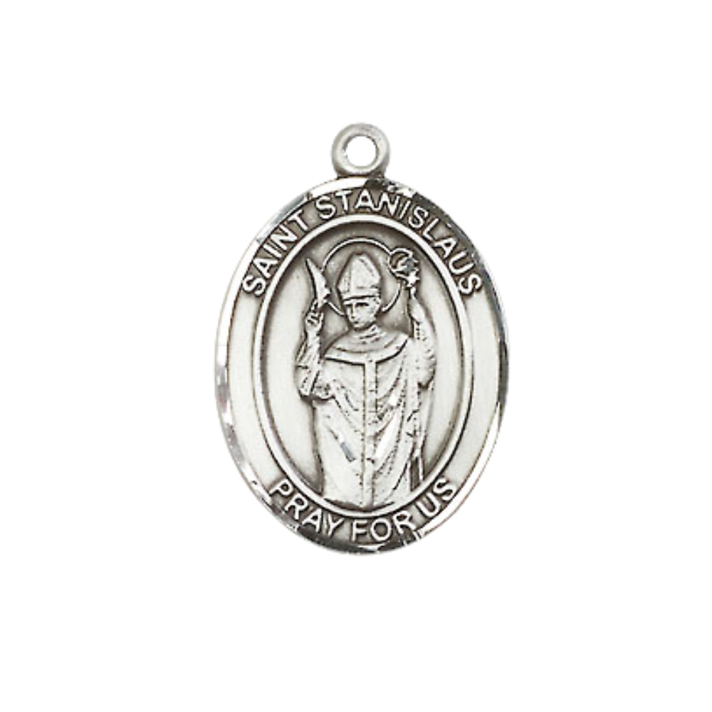 Everlasting Light Jewelry Medium Women's Pewter Saint St. anislaus Pendant Necklace on 18- inch Rhodium- Plated Lite Curb Brass Chain – Patron Saint St. of Broken Bones – Christian Medal, Catholic Medal – Velvet Gift Box Included