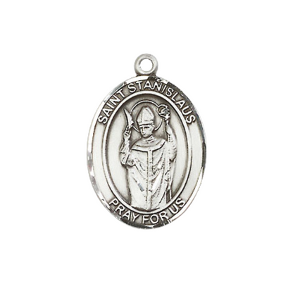 Mens Medium Oval Pewter Saint St. anislaus Medal Pendant on 24 Inch Rhodium Plated Heavy Curb Brass Chain with Lobster Claw Clasp, Catholic Religious Necklace - Made in USA- Deluxe Velvet Gift Box
