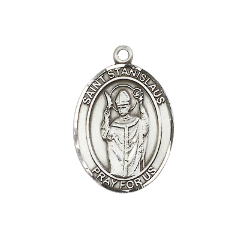 Everlasting Light Jewelry Medium Men's Pewter Saint St. anislaus Medal Pendant on 24 Inch Endless Rhodium Plated Heavy Curb Brass Chain, Catholic Religious Necklace - Made in USA- Deluxe Velvet Gift Box