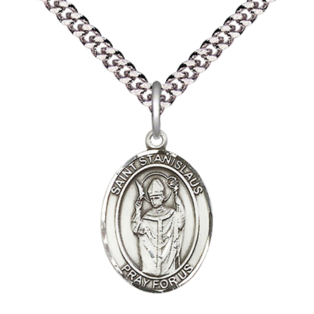 Medium Men's .925 Sterling Silver Saint St. anislaus Medal Pendant on 24 Inch Endless Rhodium Plated Heavy Curb Brass Chain, Catholic Religious Necklace - Made in USA- Deluxe Velvet Gift Box