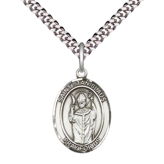 Mens Medium Oval .925 Sterling Silver Saint St. anislaus Medal Pendant on 24 Inch Rhodium Plated Heavy Curb Brass Chain w/ Lobster Claw Clasp, Catholic Religious Necklace - Made in USA- Velvet Gift Box