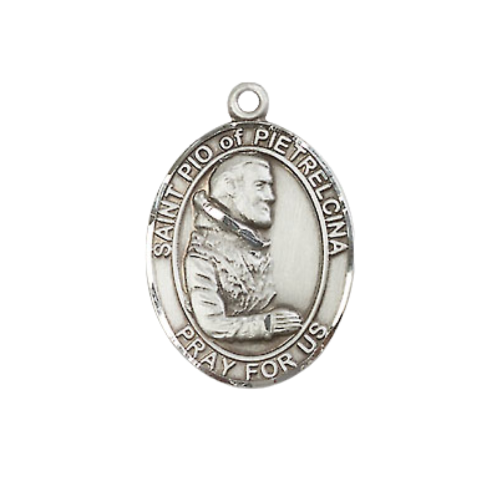 Medium Women's Pewter Saint St. Pio of Pietrelcina Pendant Necklace on 18- inch Rhodium- Plated Lite Curb Brass Chain – Patron Saint St. of Healing – Christian Medal, Catholic Medal – Velvet Gift Box Included