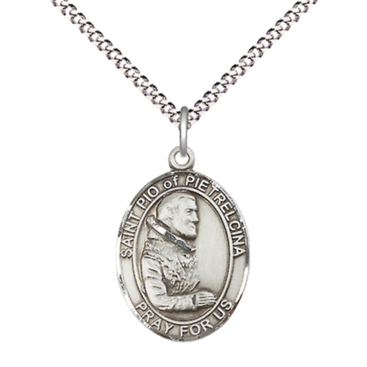 Medium Women's Sterling Silver Saint Pio of Pietrelcina Pendant Necklace on 18" Rhodium Plated Lite Curb Brass Chain – Patron Saint of Healing and Suffering – Velvet Gift Box Included