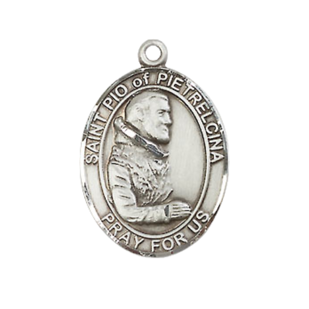 Medium Men's .925 Sterling Silver Saint St. Pio of Pietrelcina Medal Pendant on 24 Inch Endless Rhodium Plated Heavy Curb Brass Chain, Catholic Religious Necklace - Made in USA- Deluxe Velvet Gift Box