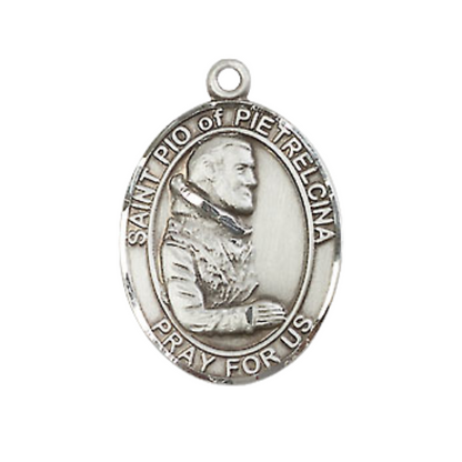 Medium Men's .925 Sterling Silver Saint St. Pio of Pietrelcina Medal Pendant on 24 Inch Endless Rhodium Plated Heavy Curb Brass Chain, Catholic Religious Necklace - Made in USA- Deluxe Velvet Gift Box