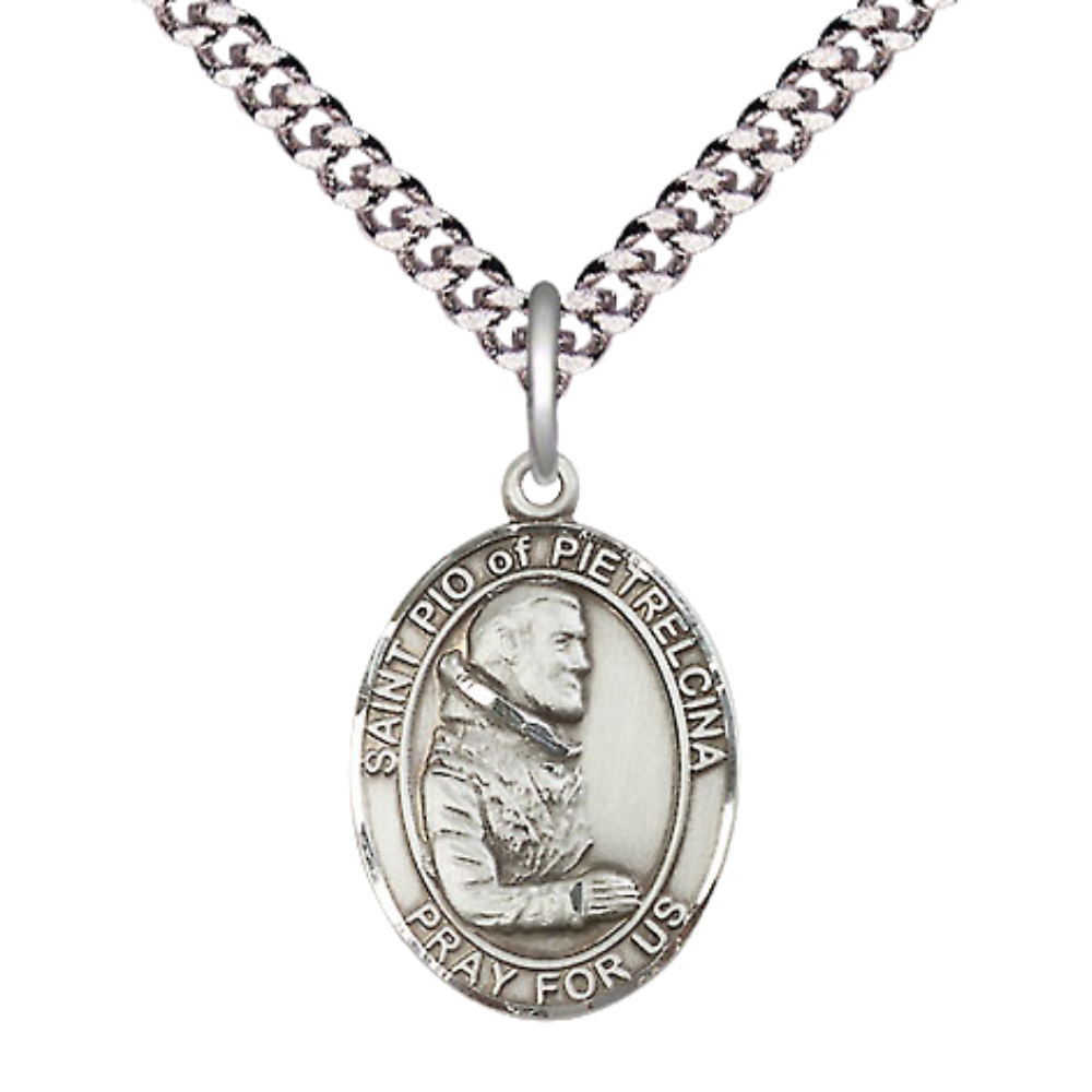 Medium Men's Pewter Saint St. Pio of Pietrelcina Medal Pendant on 24 Inch Endless Rhodium Plated Heavy Curb Brass Chain, Catholic Religious Necklace - Made in USA- Deluxe Velvet Gift Box