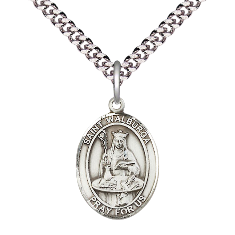 Medium Men's .925 Sterling Silver Saint St. Walburga Medal Pendant on 24 Inch Endless Rhodium Plated Heavy Curb Brass Chain, Catholic Religious Necklace - Made in USA- Deluxe Velvet Gift Box
