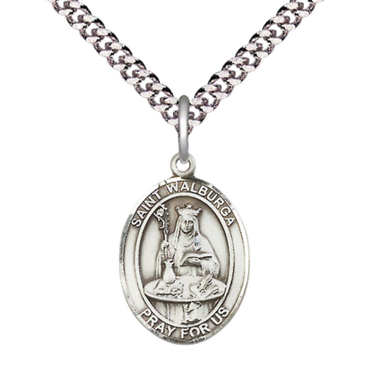 Medium Men's .925 Sterling Silver Saint St. Walburga Medal Pendant on 24 Inch Endless Rhodium Plated Heavy Curb Brass Chain, Catholic Religious Necklace - Made in USA- Deluxe Velvet Gift Box