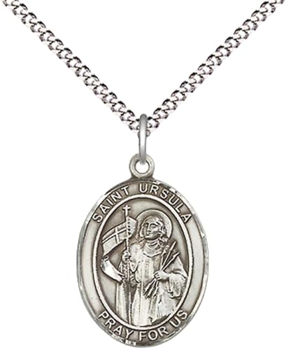Everlasting Light Jewelry Medium Women's Pewter Saint St. Ursula Pendant Necklace on 18- inch Rhodium- Plated Lite Curb Brass Chain – Patron Saint St. of Catholic Education – Catholic Medal – Velvet Gift Box Included