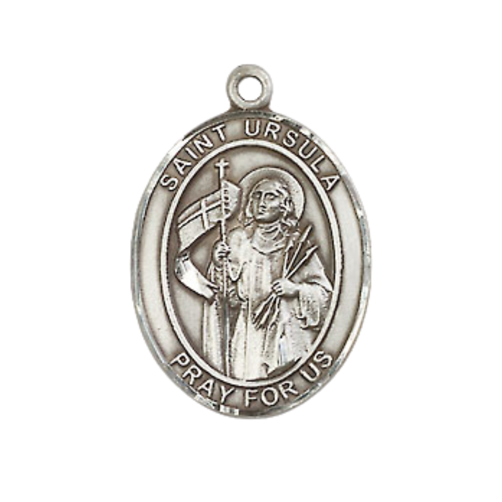 Mens Medium Oval Pewter Saint St. Ursula Medal Pendant on 24 Inch Rhodium Plated Heavy Curb Brass Chain with Lobster Claw Clasp, Catholic Religious Necklace - Made in USA- Deluxe Velvet Gift Box