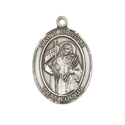 Mens Medium Oval Pewter Saint St. Ursula Medal Pendant on 24 Inch Rhodium Plated Heavy Curb Brass Chain with Lobster Claw Clasp, Catholic Religious Necklace - Made in USA- Deluxe Velvet Gift Box