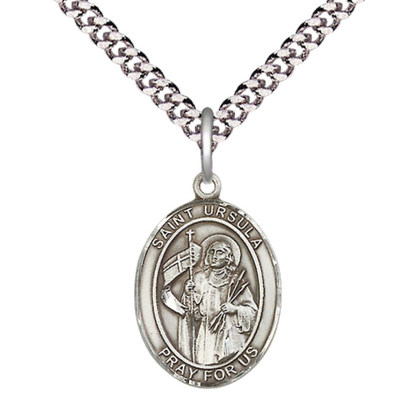 Mens Medium Oval Pewter Saint St. Ursula Medal Pendant on 24 Inch Rhodium Plated Heavy Curb Brass Chain with Lobster Claw Clasp, Catholic Religious Necklace - Made in USA- Deluxe Velvet Gift Box