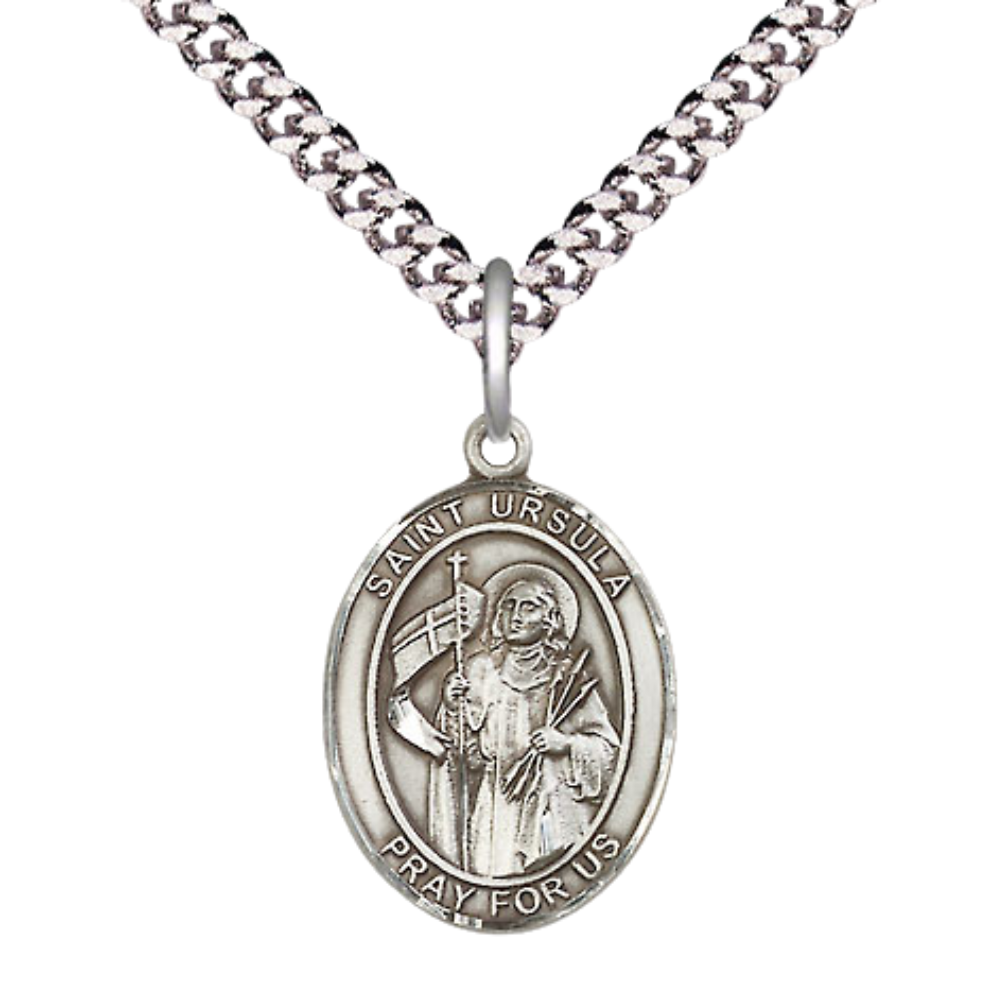 Medium Men's .925 Sterling Silver Saint St. Ursula Medal Pendant on 24 Inch Endless Rhodium Plated Heavy Curb Brass Chain, Catholic Religious Necklace - Made in USA- Deluxe Velvet Gift Box