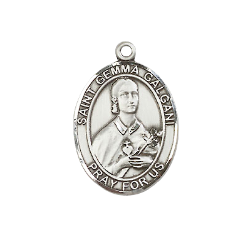 Pewter Saint St. Gemma Galgani Medal Pendant on 18 Inch Rhodium Plated Lite Curb Brass Chain with Lobster Claw Clasp, Catholic Religious Necklace - Made in USA- Prayer Card Included