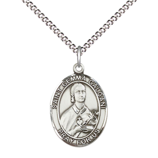 Everlasting Light Jewelry Medium Women's Pewter Saint Gemma Galgani Pendant Necklace on 18-inch Rhodium-Plated Lite Curb Brass Chain – Patron Saint of Pharmacists – Catholic Medal – Velvet Gift Box Included
