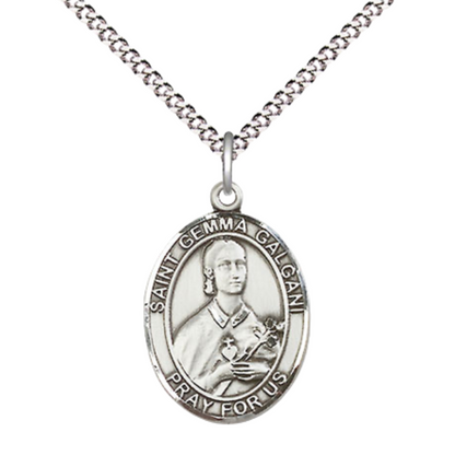 Everlasting Light Jewelry Medium Women's .925 Sterling Silver Saint St. Gemma Galgani Pendant Necklace on 18 Inch Rhodium Plated Lite Curb Brass Chain – Patron Saint St. of Pharmacists, Catholic Medal – Velvet Gift Box Included