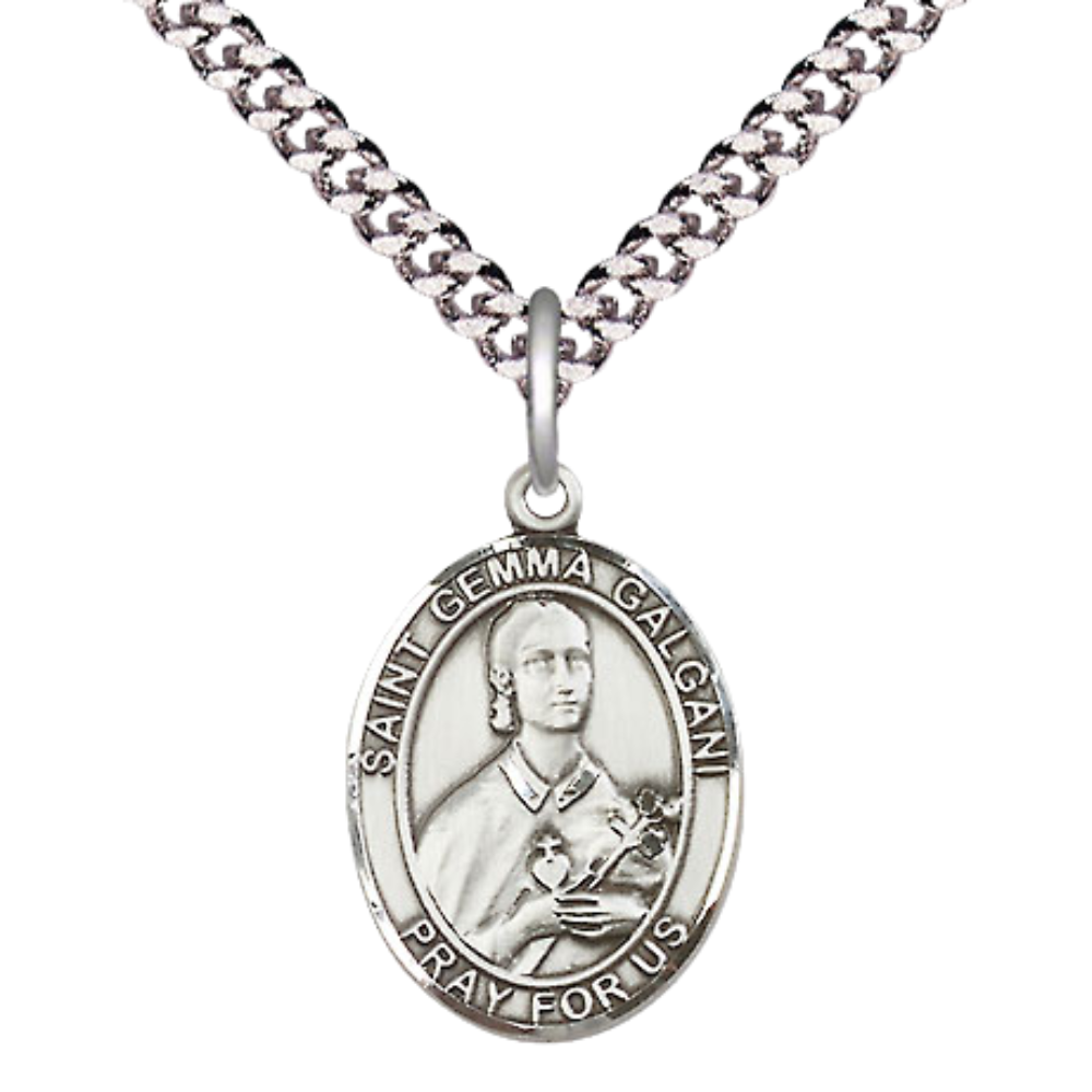 Medium Men's .925 Sterling Silver Saint St. Gemma Galgani Medal Pendant on 24 Inch Endless Rhodium Plated Heavy Curb Brass Chain, Catholic Religious Necklace - Made in USA- Deluxe Velvet Gift Box
