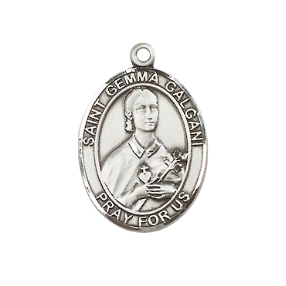 Everlasting Light Jewelry Medium Men's Pewter Saint St. Gemma Galgani Medal Pendant on 24 Inch Endless Rhodium Plated Heavy Curb Brass Chain, Catholic Religious Necklace - Made in USA- Deluxe Velvet Gift Box