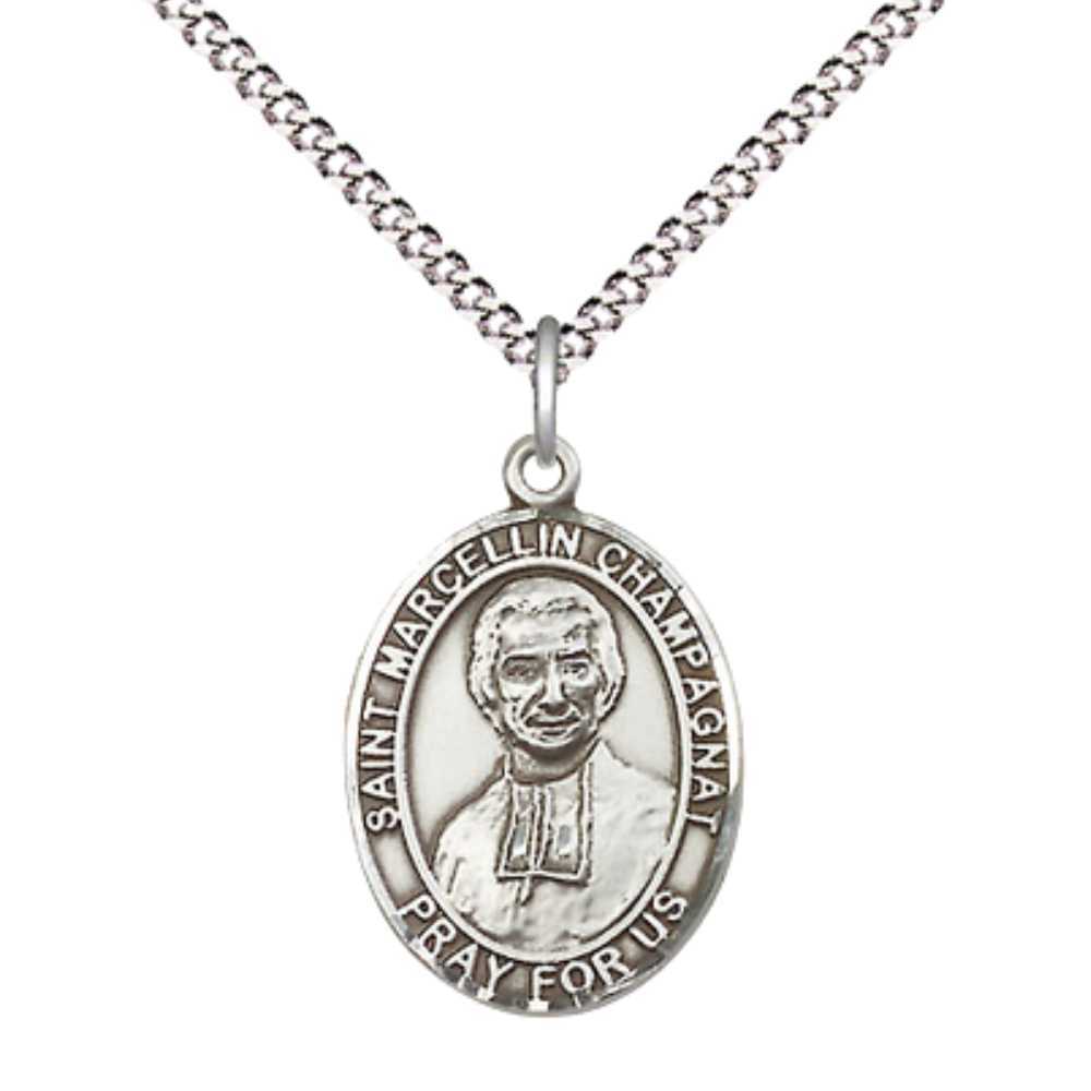 Everlasting Light Jewelry Medium Women's .925 Sterling Silver Saint St. Marcellin Champagnat Pendant Necklace on 18 Inch Rhodium Plated Lite Curb Brass Chain – Patron Saint St. of Educators, Catholic Medal – Velvet Gift Box Included