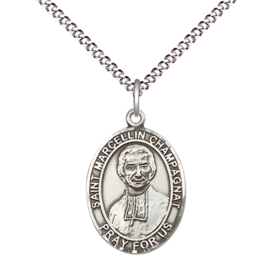 Everlasting Light Jewelry Medium Women's .925 Sterling Silver Saint St. Marcellin Champagnat Pendant Necklace on 18 Inch Rhodium Plated Lite Curb Brass Chain – Patron Saint St. of Educators, Catholic Medal – Velvet Gift Box Included