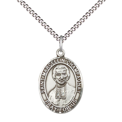 Medium Women's Pewter Saint St. Marcellin Champagnat Pendant Necklace on 18- inch Rhodium- Plated Lite Curb Brass Chain – Patron Saint St. of Education – Catholic Medal – Velvet Gift Box Included