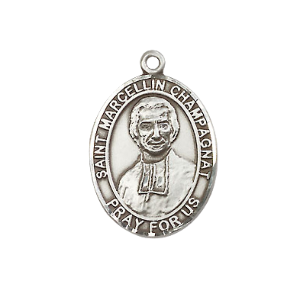 Medium Men's .925 Sterling Silver Saint St. Marcellin Champagnat Medal Pendant on 24 Inch Endless Rhodium Plated Heavy Curb Brass Chain, Catholic Religious Necklace - Made in USA- Deluxe Velvet Gift Box