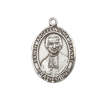 Mens Medium Oval Pewter Saint St. Marcellin Champagnat Medal Pendant on 24 Inch Rhodium Plated Heavy Curb Brass Chain w/ Lobster Claw Clasp, Catholic Religious Necklace - Made in USA- Velvet Gift Box