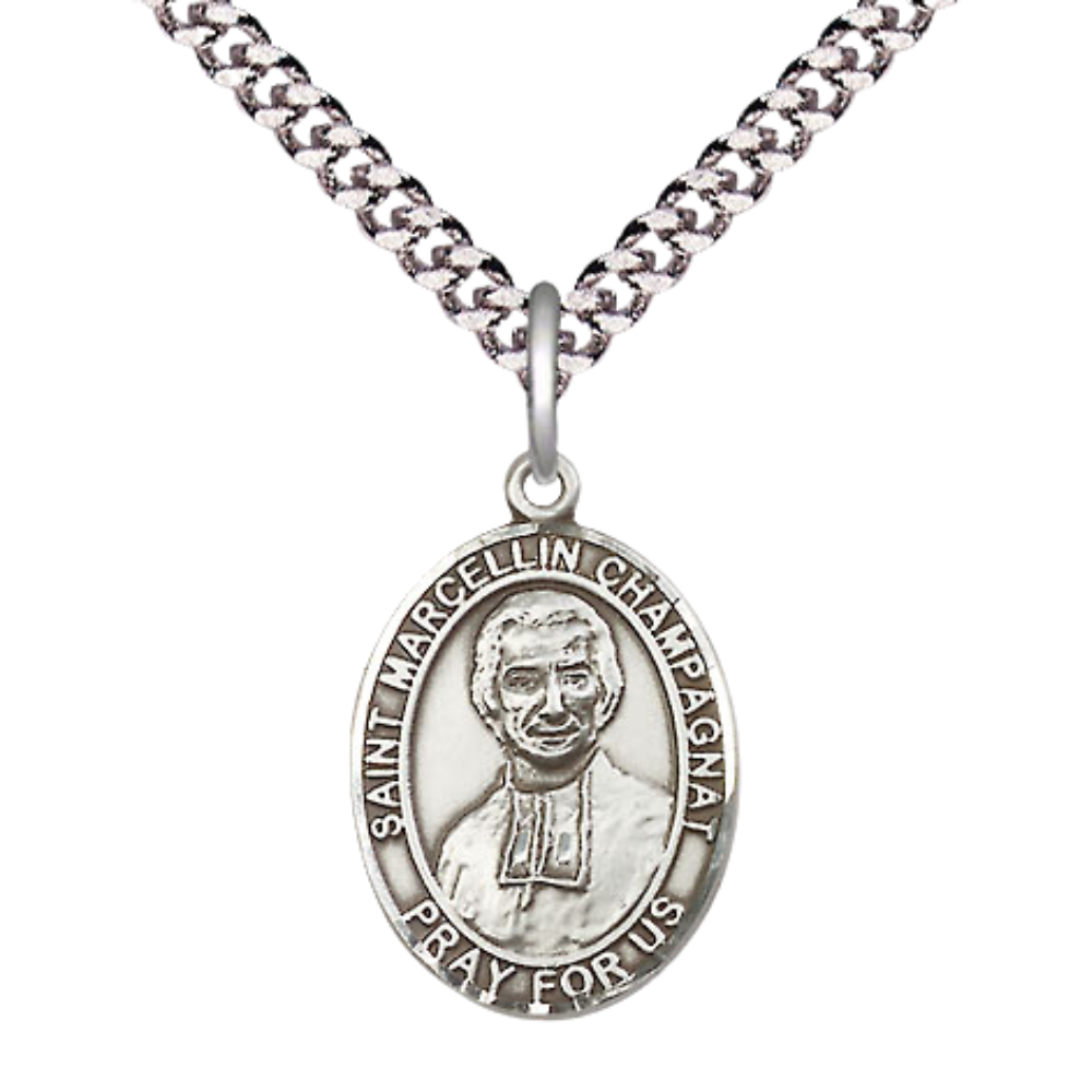Medium Men's .925 Sterling Silver Saint St. Marcellin Champagnat Medal Pendant on 24 Inch Endless Rhodium Plated Heavy Curb Brass Chain, Catholic Religious Necklace - Made in USA- Deluxe Velvet Gift Box
