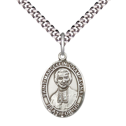 Medium Men's Pewter Saint St.Marcellin Champagnat Medal Pendant on 24 Inch Endless Rhodium Plated Heavy Curb Brass Chain, Catholic Religious Necklace -Made in USA- Deluxe Velvet Gift Box