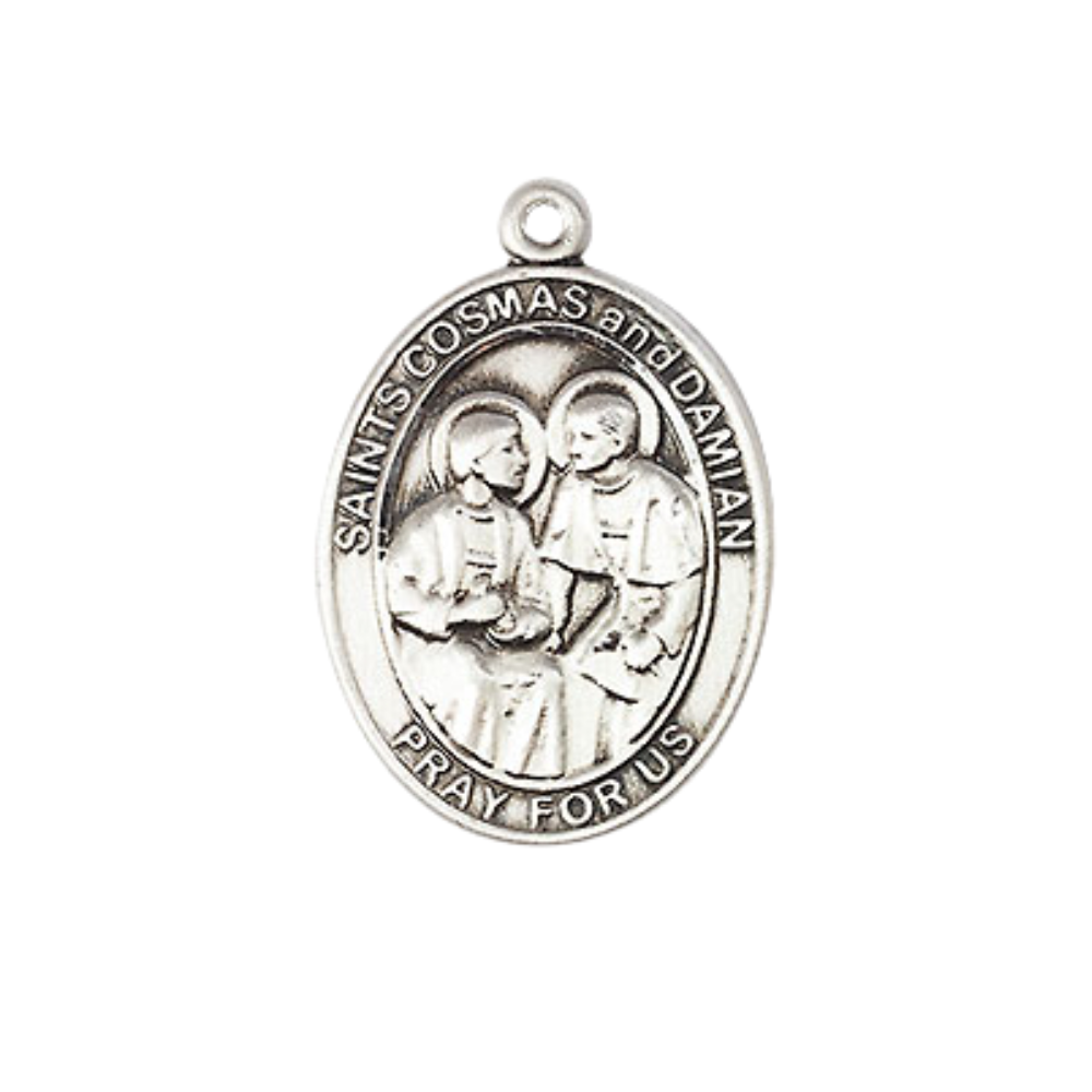 Everlasting Light Jewelry Medium Women's .925 Sterling Silver Saint St. s Cosmas & Damian Pendant Necklace on 18 Inch Rhodium Plated Lite Curb Brass Chain – Patron Saint St. s of Surgeons & Barbers, Catholic Medal – Velvet Gift Box Included