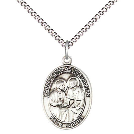 Everlasting Light Jewelry Medium Women's .925 Sterling Silver Saint St. s Cosmas & Damian Pendant Necklace on 18 Inch Rhodium Plated Lite Curb Brass Chain – Patron Saint St. s of Surgeons & Barbers, Catholic Medal – Velvet Gift Box Included