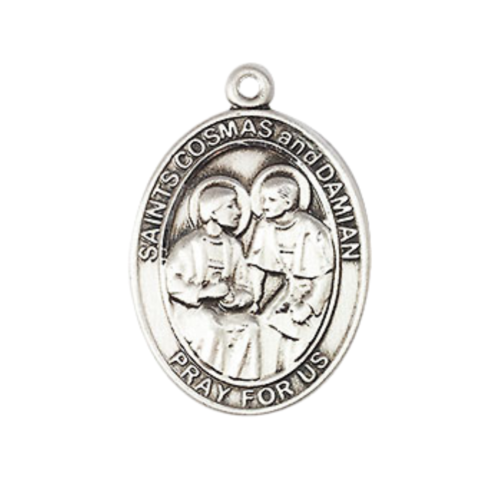Mens Medium Oval Pewter Saint St. s Cosmas & Damian Medal Pendant on 24 Inch Rhodium Plated Heavy Curb Brass Chain w/ Lobster Claw Clasp, Catholic Religious Necklace - Made in USA- Velvet Gift Box