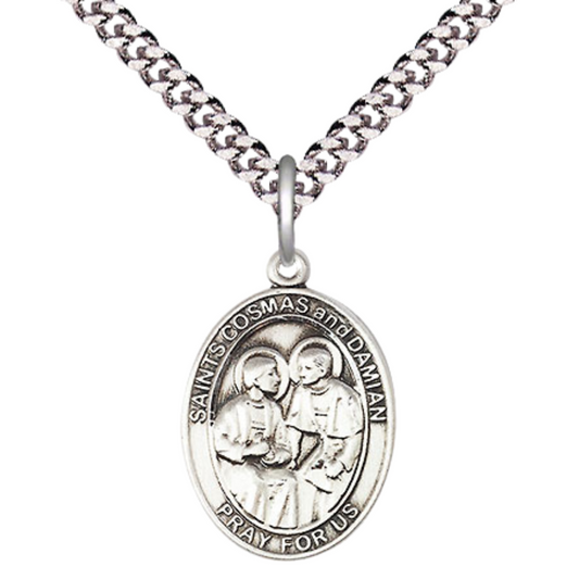 Medium Men's .925 Sterling Silver Saint St. s Cosmas & Damian Medal Pendant on 24 Inch Endless Rhodium Plated Heavy Curb Brass Chain, Catholic Religious Necklace - Made in USA- Deluxe Velvet Gift Box
