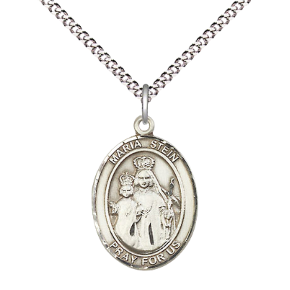 Everlasting Light Jewelry Medium Women's Pewter Maria Stein Pendant Necklace on 18- inch Rhodium- Plated Lite Curb Brass Chain – Catholic Medal – Velvet Gift Box Included
