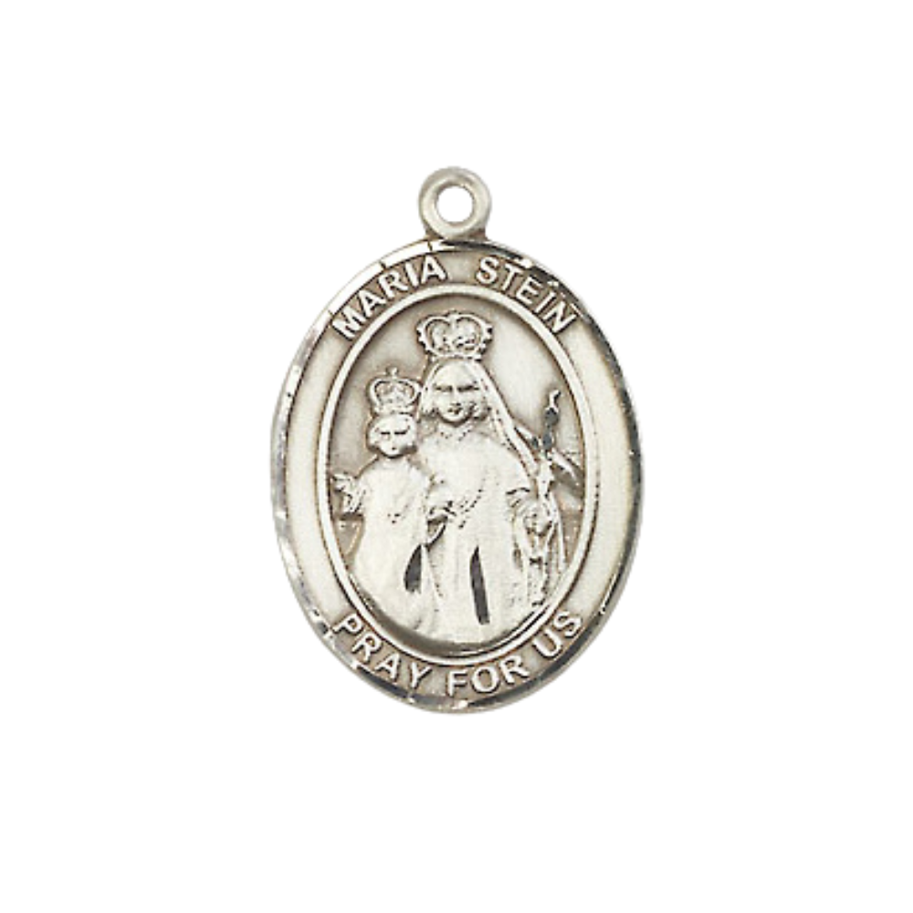 Everlasting Light Jewelry Medium Men's Pewter Maria Stein Medal Pendant on 24 Inch Endless Rhodium Plated Heavy Curb Brass Chain, Catholic Religious Necklace - Made in USA- Deluxe Velvet Gift Box