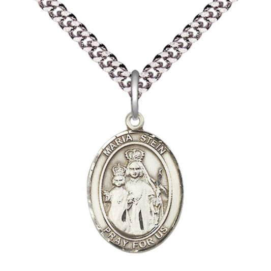 Mens Medium Oval .925 Sterling Silver Maria Stein Medal Pendant on 24 Inch Rhodium Plated Heavy Curb Brass Chain w/ Lobster Claw Clasp, Catholic Religious Necklace - Made in USA- Velvet Gift Box